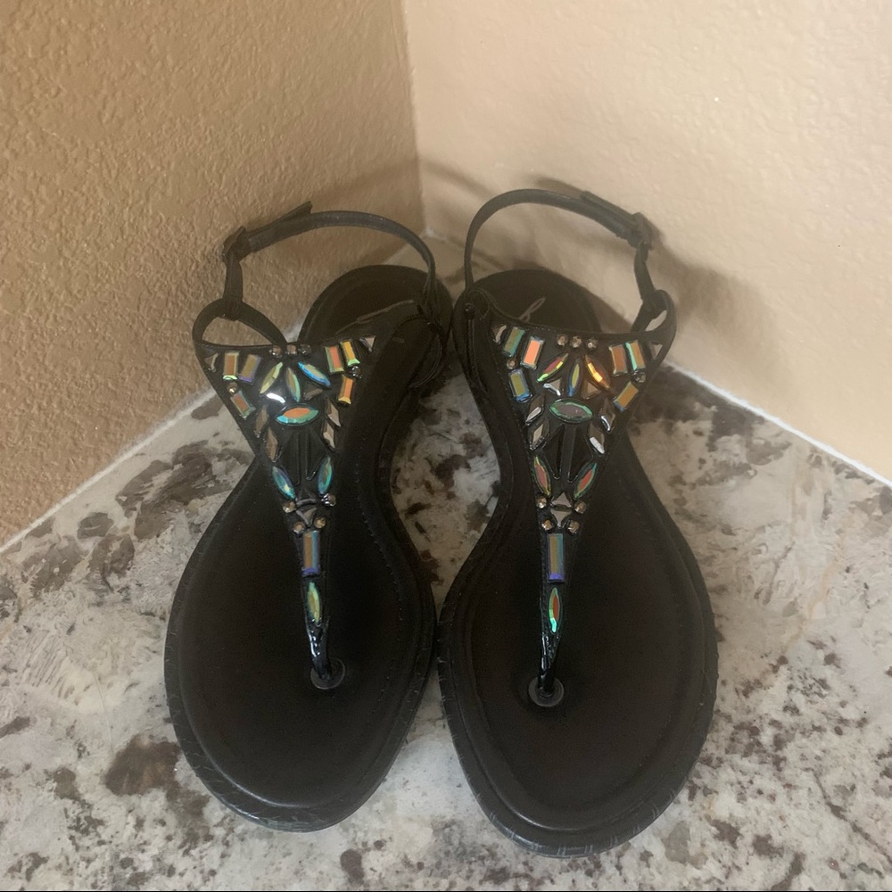 B Brian Atwood Leather Crystal Embellishments T-Strap Sandals